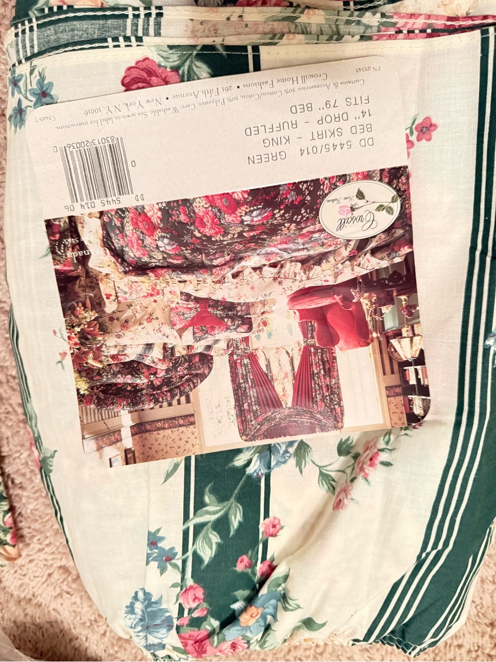 Croscill Green Floral Bed Skirt with Pink and Blue Blooms. Size King.